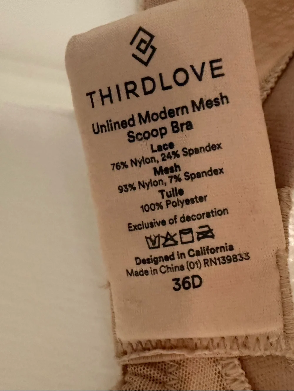 Thirdlove Unlined Modern Mesh Scoop Bra Beige Underwire 36D